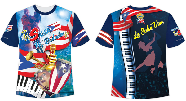 A colorful t-shirt featuring 'Salsa Pal Bailador' with the Puerto Rican flag, musical instruments like trumpets and drums, and dancing figures. Designed by SA Arts, perfect for salsa music and dance enthusiasts.