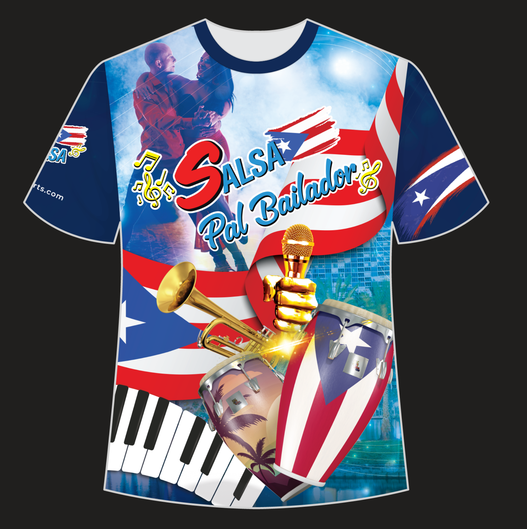 A colorful t-shirt with salsa dance graphics and the text 'SALSA PAL BAILADOR'.