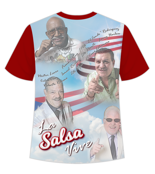 A vibrant t-shirt with a front and back design celebrating "Salsa Para la Historia." The front features the title "Salsa Para la Historia" with a collage of iconic salsa musicians framed by a Puerto Rican flag and the phrase "Se Formo el Rumbon en el Cielo." The back displays "La Salsa Vive" with images of legendary artists and names like Hector Lavoe and Tito Puente, set against a sky and flag background, perfect for salsa music enthusiasts.