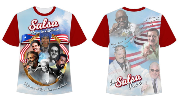 A vibrant t-shirt with a front and back design celebrating "Salsa Para la Historia." The front features the title "Salsa Para la Historia" with a collage of iconic salsa musicians framed by a Puerto Rican flag and the phrase "Se Formo el Rumbon en el Cielo." The back displays "La Salsa Vive" with images of legendary artists and names like Hector Lavoe and Tito Puente, set against a sky and flag background, perfect for salsa music enthusiasts.