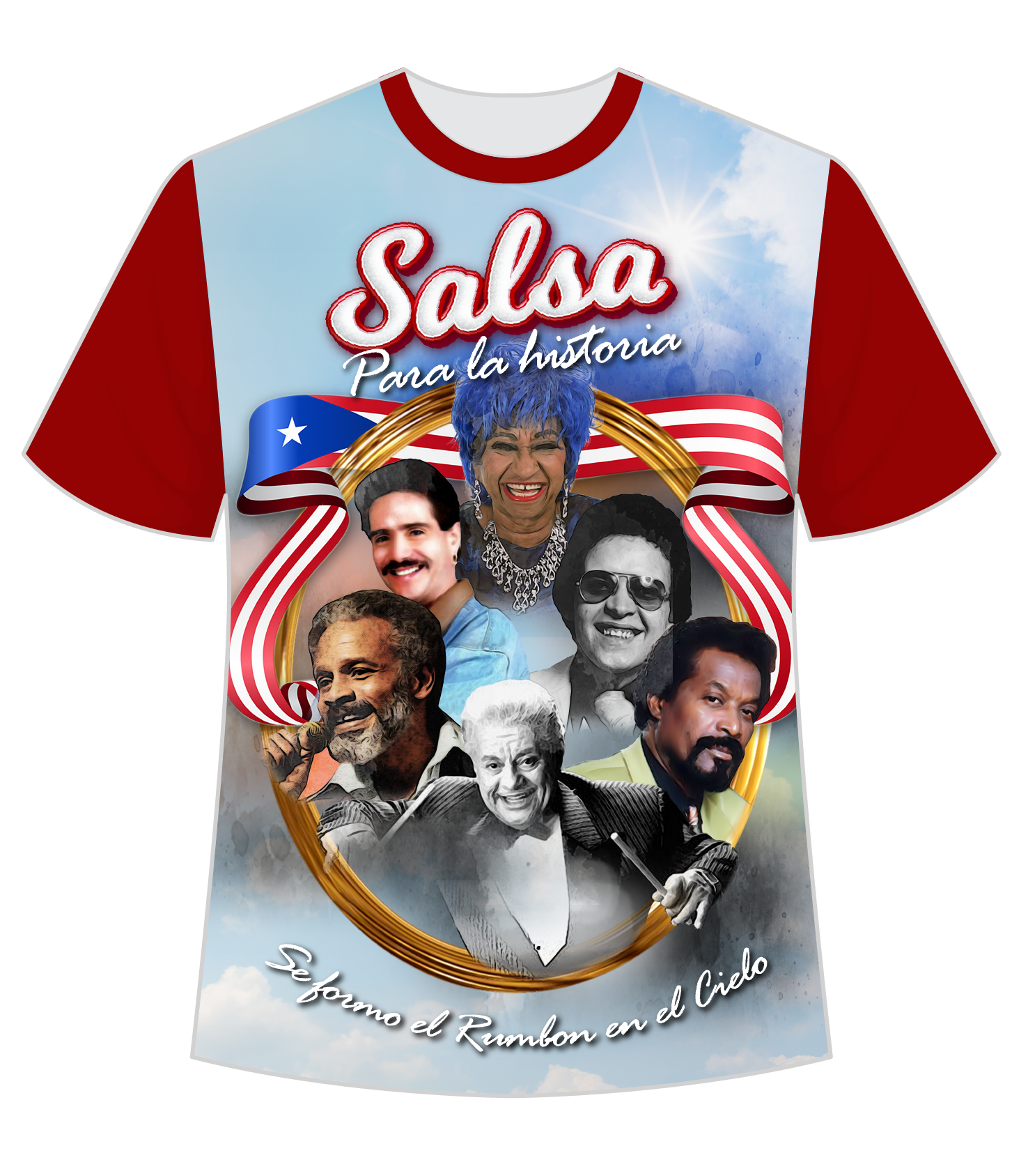 A vibrant t-shirt with a front and back design celebrating "Salsa Para la Historia." The front features the title "Salsa Para la Historia" with a collage of iconic salsa musicians framed by a Puerto Rican flag and the phrase "Se Formo el Rumbon en el Cielo." The back displays "La Salsa Vive" with images of legendary artists and names like Hector Lavoe and Tito Puente, set against a sky and flag background, perfect for salsa music enthusiasts.
