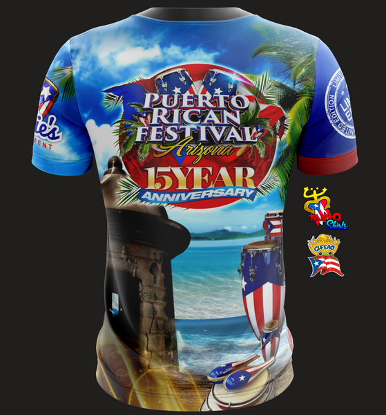 A vibrant salsa-themed t-shirt featuring the Puerto Rican flag, a historic fort, palm trees, and a beach scene. Designed by Taino Shirts and Free Enter, perfect for music and culture enthusiasts.