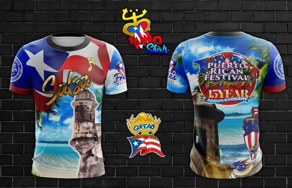 A vibrant salsa-themed t-shirt featuring the Puerto Rican flag, a historic fort, palm trees, and a beach scene. Designed by Taino Shirts and Free Enter, perfect for music and culture enthusiasts.