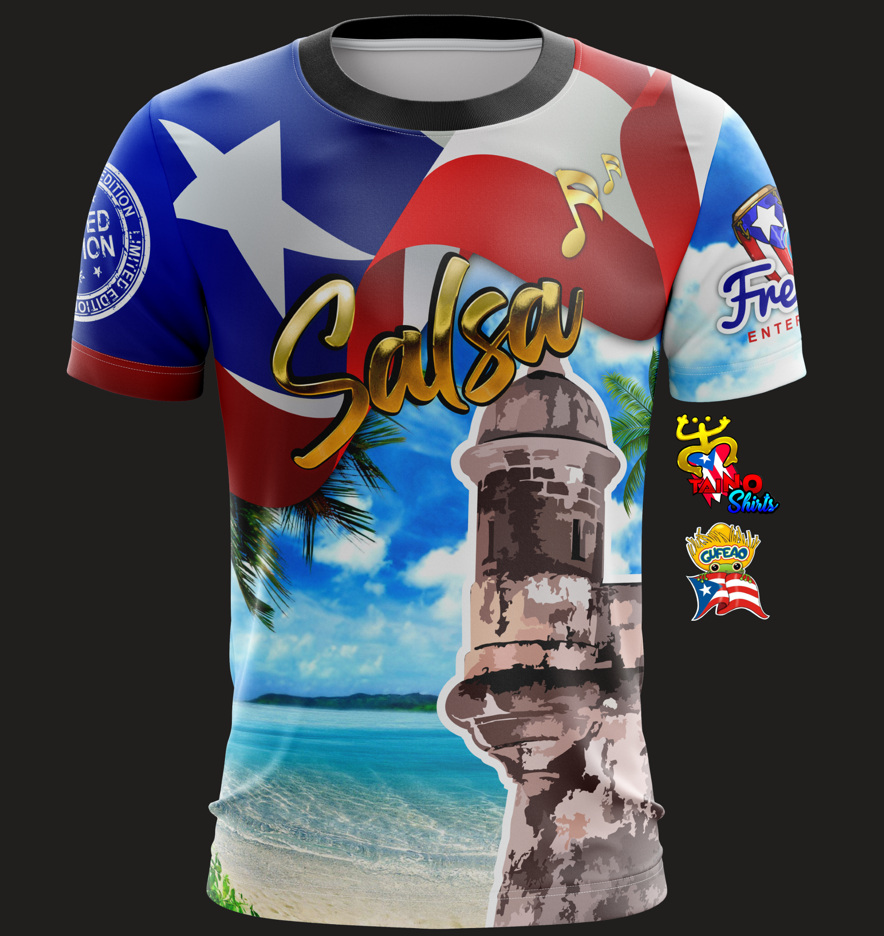 A colorful t-shirt featuring graphics related to the Arizona Salsa Festival, including the text 'Salsa', the Puerto Rican flag, and a castle-like structure.