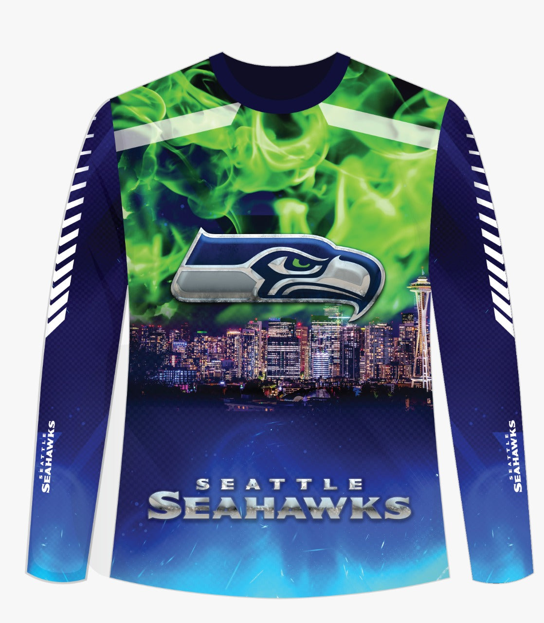 A dynamic t-shirt featuring the Seattle Seahawks design with front and back views. The front showcases the Seahawks logo with a green flame effect, a city skyline, and "SEATTLE SEAHAWKS" text. The back displays the number 12 and "WE ARE 12" with a crowd scene, representing the 12th Man, perfect for NFL and Seahawks fans