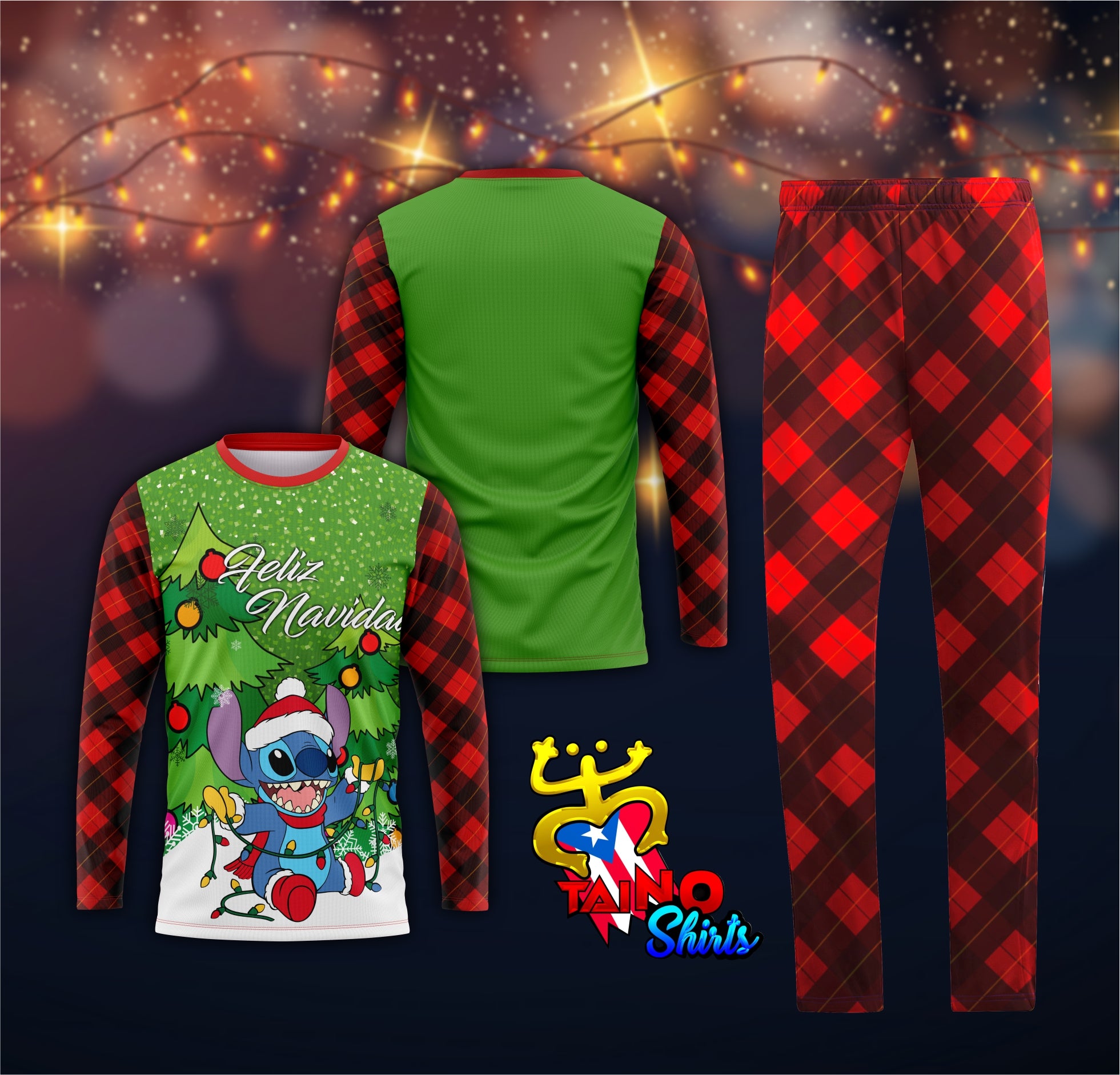 A two-piece pajama set featuring a long-sleeve top with a Christmas-themed design and red and black plaid pants.
