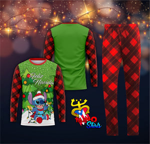 A two-piece pajama set featuring a long-sleeve top with a Christmas-themed design and red and black plaid pants.