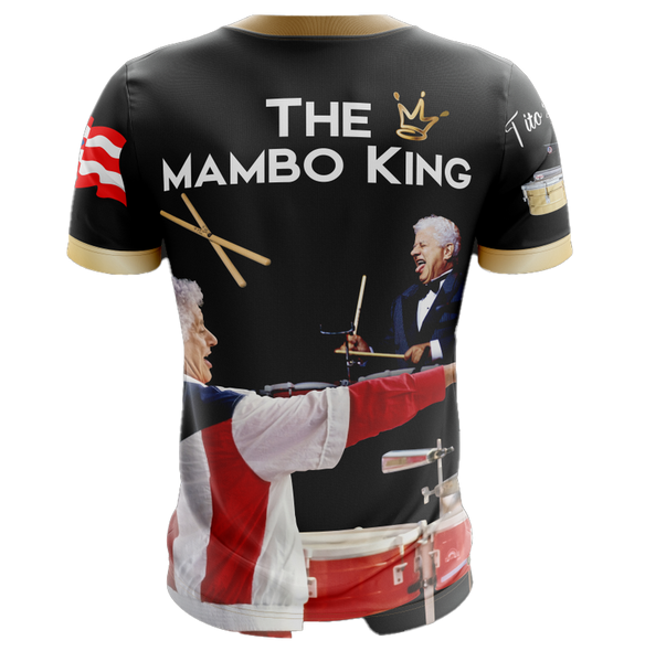 Black Tito Puente jersey with El Rey del Timbal text, Puerto Rico flag, drum image, and signature