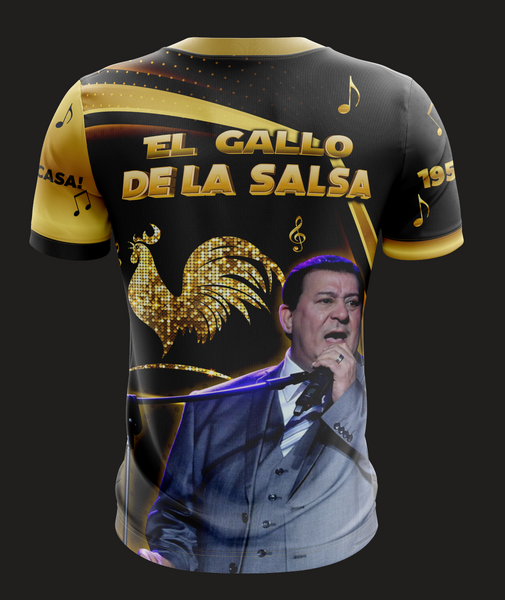 Black Tito Rojas music jersey with gold TITO ROJAS text, musical notes, rooster logo, and maraca image