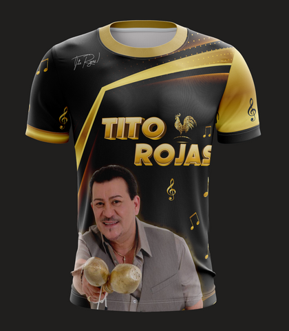 A T-shirt featuring an image of Tito Rojas with text and musical elements, primarily in black, gold, and red colors.