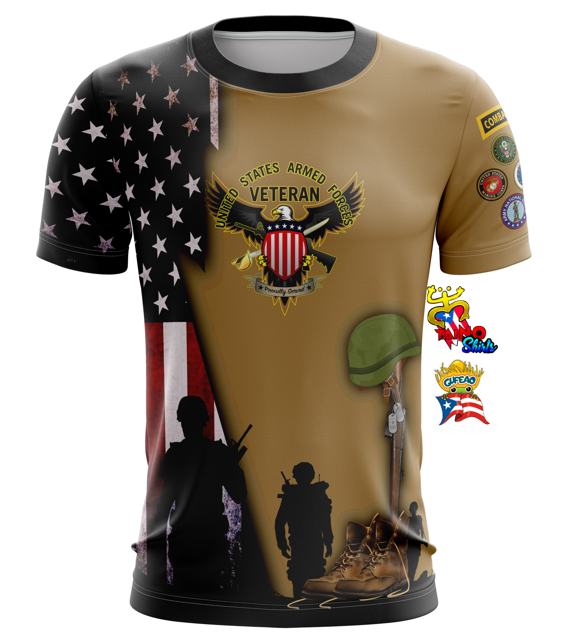 A patriotic t-shirt honoring United States Armed Forces veterans, featuring the American flag, eagle emblem, soldier silhouettes, and combat patches. Designed by Taino Shirts with a Puerto Rican flag accent, ideal for military supporters and collectors