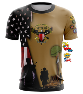 A patriotic t-shirt honoring United States Armed Forces veterans, featuring the American flag, eagle emblem, soldier silhouettes, and combat patches. Designed by Taino Shirts with a Puerto Rican flag accent, ideal for military supporters and collectors