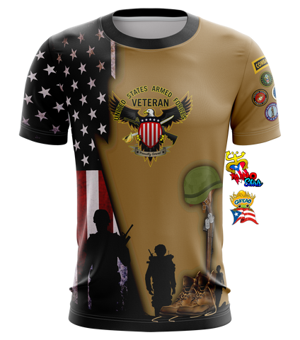 A patriotic t-shirt honoring United States Armed Forces veterans, featuring the American flag, eagle emblem, soldier silhouettes, and combat patches. Designed by Taino Shirts with a Puerto Rican flag accent, ideal for military supporters and collectors