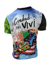 A vibrant t-shirt celebrating Utuado, Puerto Rico as "La Ciudad del Viví" with front and back designs. The front features bold text "La Ciudad del Viví" with a colorful flag collage, a sun emblem, and a blue gradient background with the Puerto Rican flag. The back showcases a rural scene with a horse, a "Utuado Isla del Encanto" sign, and a large star with a Gufeao logo, perfect for expressing Utuado pride and Puerto Rican heritage.