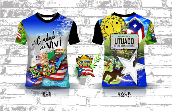 A vibrant t-shirt celebrating Utuado, Puerto Rico as "La Ciudad del Viví" with front and back designs. The front features bold text "La Ciudad del Viví" with a colorful flag collage, a sun emblem, and a blue gradient background with the Puerto Rican flag. The back showcases a rural scene with a horse, a "Utuado Isla del Encanto" sign, and a large star with a Gufeao logo, perfect for expressing Utuado pride and Puerto Rican heritage.