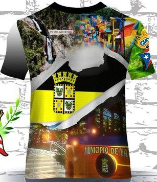 A vibrant t-shirt celebrating Yauco, Puerto Rico, with front and back designs. The front features "Yauco Ciudad del Café" with images of coffee beans, a historic tower, and lush greenery, alongside a Gufeao emblem with the Puerto Rican flag. The back showcases a waterfall, colorful buildings, and the "Municipio de Yauco" seal with a torn flag effect, ideal for showcasing Yauco pride and Puerto Rican culture.
