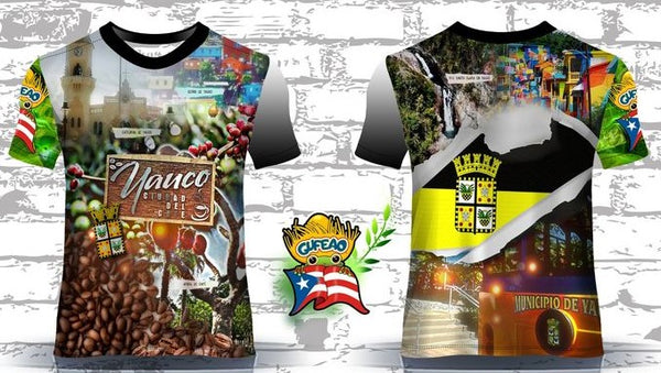 A vibrant t-shirt celebrating Yauco, Puerto Rico, with front and back designs. The front features "Yauco Ciudad del Café" with images of coffee beans, a historic tower, and lush greenery, alongside a Gufeao emblem with the Puerto Rican flag. The back showcases a waterfall, colorful buildings, and the "Municipio de Yauco" seal with a torn flag effect, ideal for showcasing Yauco pride and Puerto Rican culture.