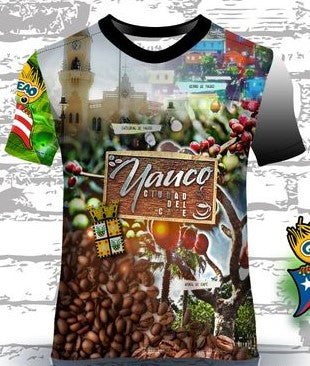 A vibrant t-shirt celebrating Yauco, Puerto Rico, with front and back designs. The front features "Yauco Ciudad del Café" with images of coffee beans, a historic tower, and lush greenery, alongside a Gufeao emblem with the Puerto Rican flag. The back showcases a waterfall, colorful buildings, and the "Municipio de Yauco" seal with a torn flag effect, ideal for showcasing Yauco pride and Puerto Rican culture.