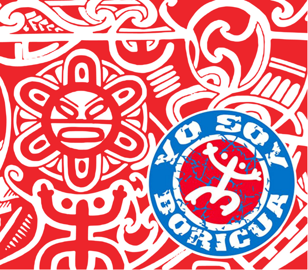 2025 Yo Soy Boricua art featuring a vibrant red background with white Taino symbols, including a sun face and a dancing figure, and a central circular design with 'Yo Soy Boricua' text in blue and red, accented with a Taino figure, symbolizing Puerto Rican heritage.