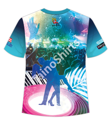 Front and back view of the 2025 Zalsaros Felices t-shirt, featuring a vibrant design with a microphone, trumpet, drum, and piano keys on the front, along with a Puerto Rican flag and 'De Puerto Rico Para el Mundo' text. The back showcases a dancing couple silhouette, a crowd scene, and musical notes against a colorful blue and pink background.