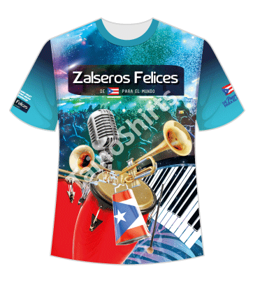 Front and back view of the 2025 Zalsaros Felices t-shirt, featuring a vibrant design with a microphone, trumpet, drum, and piano keys on the front, along with a Puerto Rican flag and 'De Puerto Rico Para el Mundo' text. The back showcases a dancing couple silhouette, a crowd scene, and musical notes against a colorful blue and pink background.