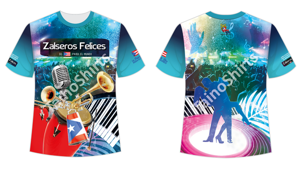 Front and back view of the 2025 Zalsaros Felices t-shirt, featuring a vibrant design with a microphone, trumpet, drum, and piano keys on the front, along with a Puerto Rican flag and 'De Puerto Rico Para el Mundo' text. The back showcases a dancing couple silhouette, a crowd scene, and musical notes against a colorful blue and pink background.