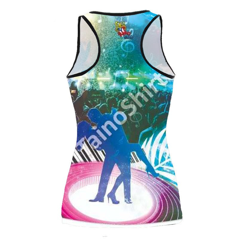 2025 Zalsaros Felices tank top featuring a vibrant design with a microphone, trumpet, drum, piano keys, and a Puerto Rican flag, symbolizing the 'De Puerto Rico Para el Mundo' theme, set against a colorful blue and red background.