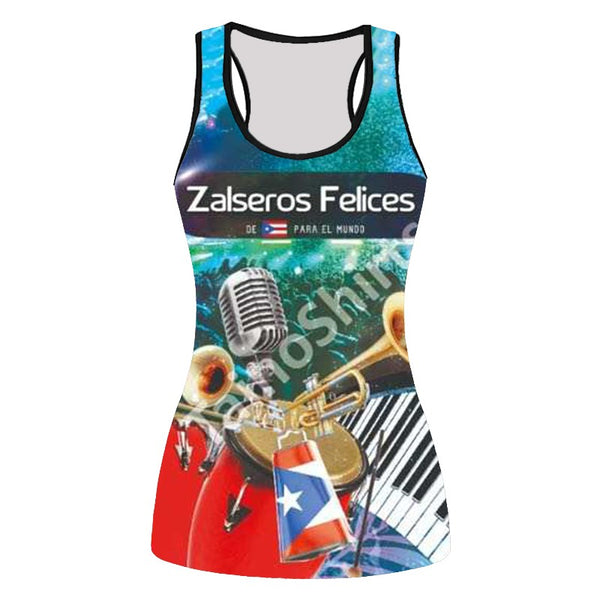 2025 Zalsaros Felices tank top featuring a vibrant design with a microphone, trumpet, drum, piano keys, and a Puerto Rican flag, symbolizing the 'De Puerto Rico Para el Mundo' theme, set against a colorful blue and red background.