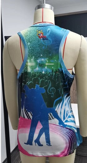 A stylish tank top featuring 'Zalsaros Felices de Puerto Rico Para el Mundo' with the Puerto Rican flag, musical instruments like microphones and trumpets, and a vibrant design, perfect for salsa music fans and collectors.