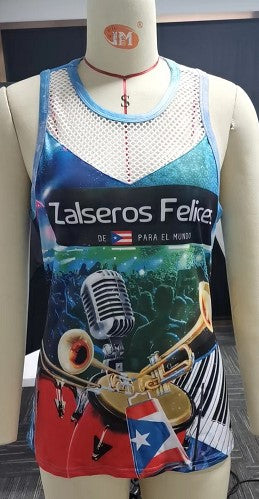 A stylish tank top featuring 'Zalsaros Felices de Puerto Rico Para el Mundo' with the Puerto Rican flag, musical instruments like microphones and trumpets, and a vibrant design, perfect for salsa music fans and collectors.