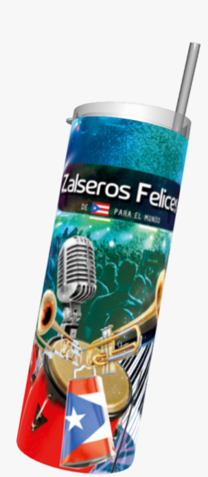 A vibrant tumbler featuring 'Zalsaros Felices de Puerto Rico Para el Mundo' with the Puerto Rican flag, musical instruments like microphones and trumpets, and a lively crowd, perfect for salsa music fans and collectors.