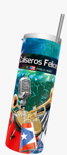 A vibrant tumbler featuring 'Zalsaros Felices de Puerto Rico Para el Mundo' with the Puerto Rican flag, musical instruments like microphones and trumpets, and a lively crowd, perfect for salsa music fans and collectors.