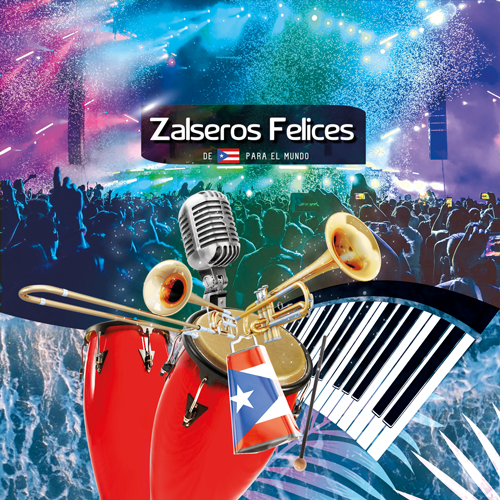 A vibrant tumbler sticker featuring 'Zalsaros Felices de Puerto Rico Para el Mundo' with the Puerto Rican flag, musical instruments like microphones and trumpets, and a lively crowd, perfect for salsa music fans and collectors.